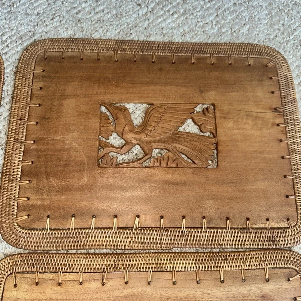 Vtg 60s Indonesian Placemats Hand Carved Birds Fish Wooden Wicker Set of 6‎